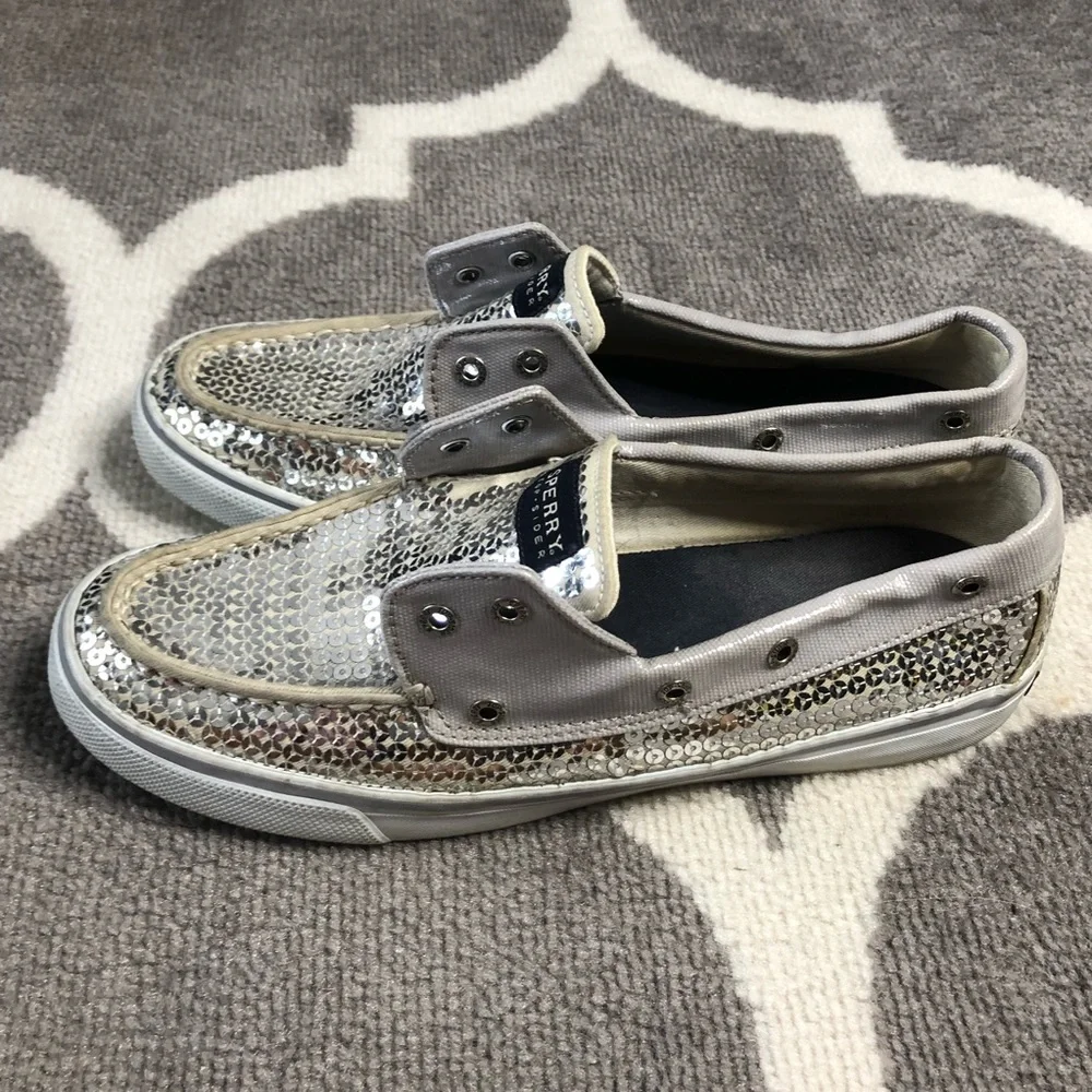 Sperry Loafers Womens 8.5 Topsider Silver Sequin Lace Up Shoes